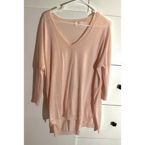 Moth Pale Baby Pink Merino Wool Sweater Large Light Knit V Neck 3/4 Sleeve